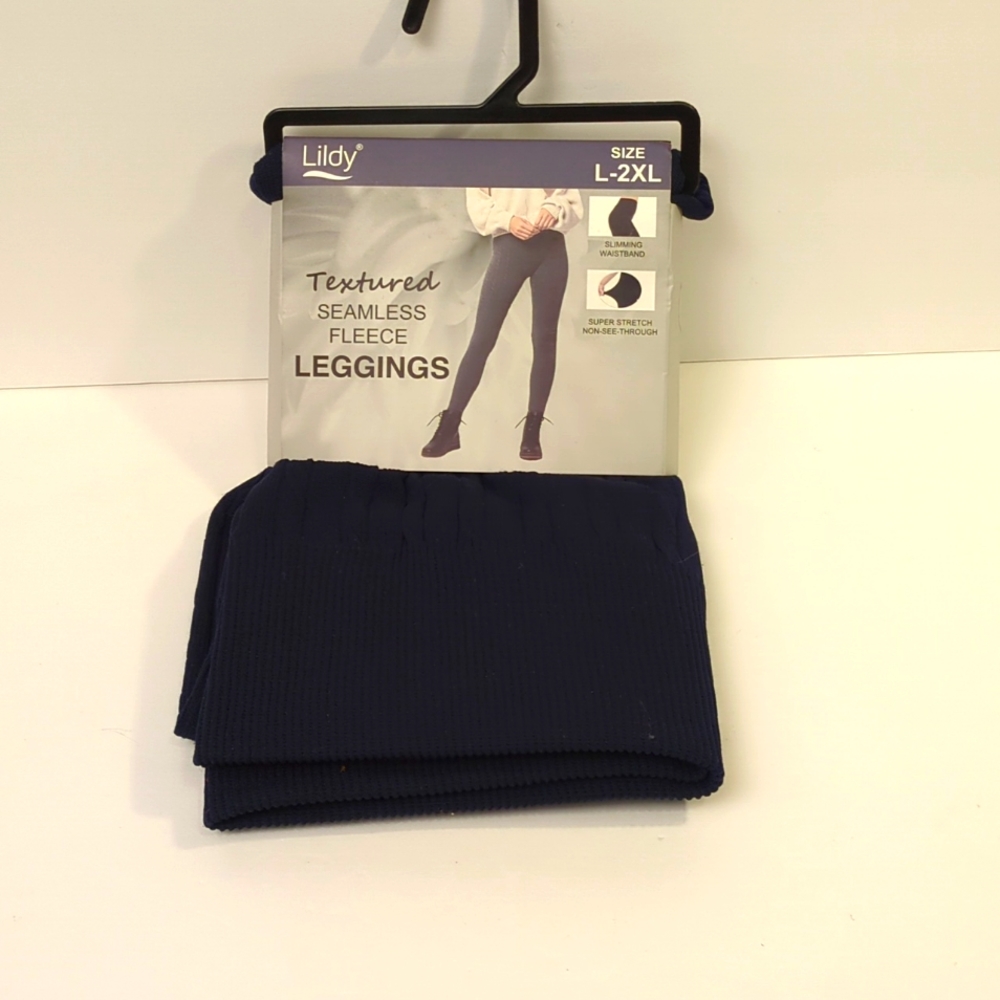 Lildy Textured Seamless Fleece Leggings Size L-2XL (NWT) Dark Navy Blue.